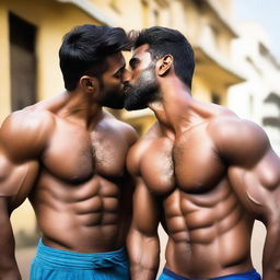 Two muscular Indian men giving each other a smooch