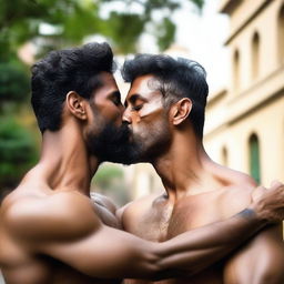 Two muscular Indian men giving each other a smooch