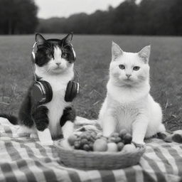 Two charming cats, situated in a black and white setting, wearing headphones and enjoying a picturesque picnic.