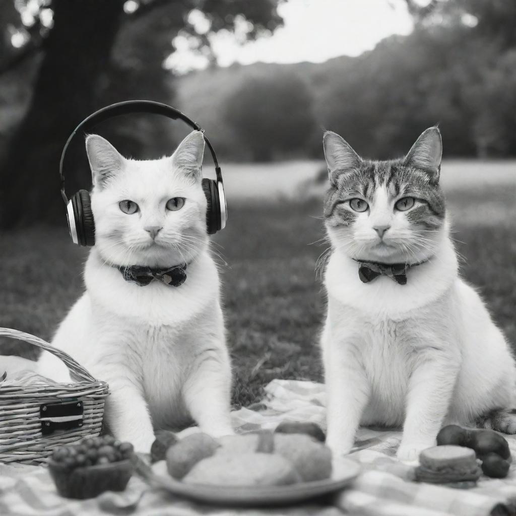 Two charming cats, situated in a black and white setting, wearing headphones and enjoying a picturesque picnic.