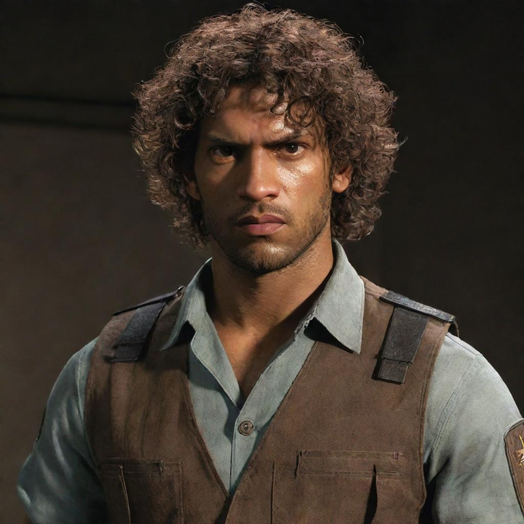 A brown-skinned man with curly hair, dressed in Leon's RPD outfit from Resident Evil. He has a stern, focused expression, embodying the courage and determination of the character.