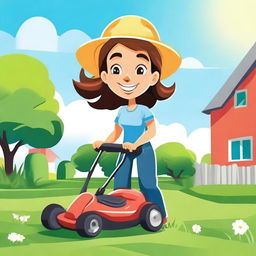 A cheerful girl mowing the lawn on a sunny day, with a bright blue sky and green grass