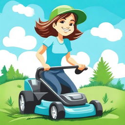 A cheerful girl mowing the lawn on a sunny day, with a bright blue sky and green grass