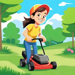 A cheerful girl mowing the lawn on a sunny day, with a bright blue sky and green grass