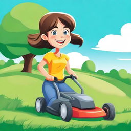 A cheerful girl mowing the lawn on a sunny day, with a bright blue sky and green grass