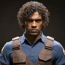 A brown-skinned man with curly hair, dressed in Leon's RPD outfit from Resident Evil. He has a stern, focused expression, embodying the courage and determination of the character.