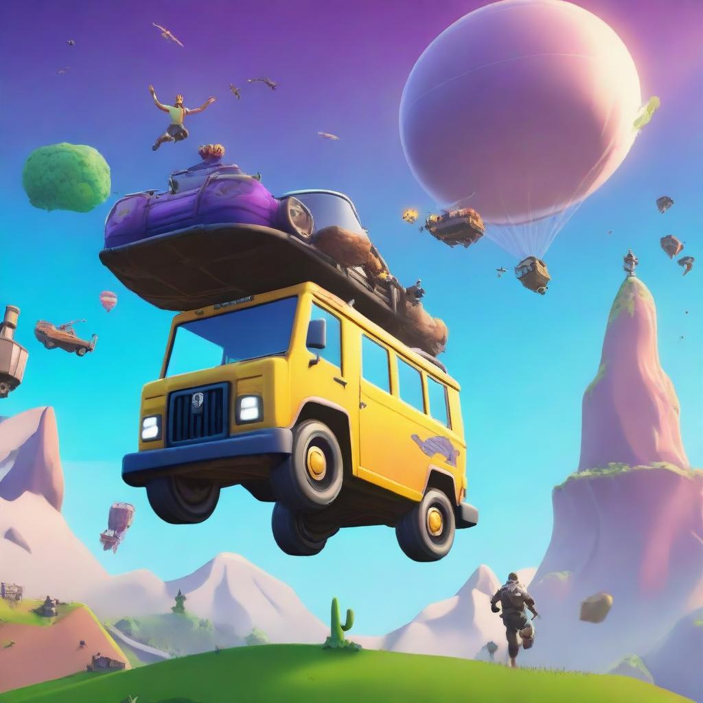 Create a vibrant and dynamic wallpaper featuring the iconic Fortnite Battle Bus flying through the sky