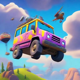 Create a vibrant and dynamic wallpaper featuring the iconic Fortnite Battle Bus flying through the sky