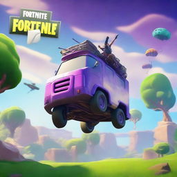 Create a vibrant and dynamic wallpaper featuring the iconic Fortnite Battle Bus flying through the sky