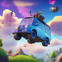 Create a vibrant and dynamic wallpaper featuring the iconic Fortnite Battle Bus flying through the sky