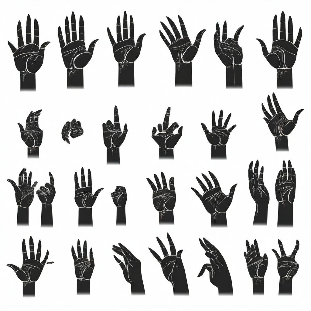 A detailed set of hand illustrations in various positions and gestures, designed for use in animation