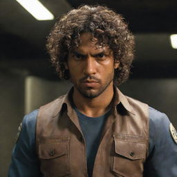 A brown-skinned man with curly hair, dressed in Leon's RPD outfit from Resident Evil. He has a stern, focused expression, embodying the courage and determination of the character.