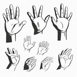 A detailed set of hand illustrations in various positions and gestures, designed for use in animation