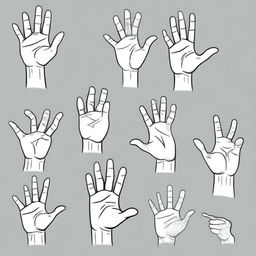 A detailed set of hand illustrations in various positions and gestures, designed for use in animation