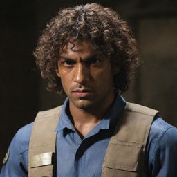 A brown-skinned man with curly hair, dressed in Leon's RPD outfit from Resident Evil. He has a stern, focused expression, embodying the courage and determination of the character.