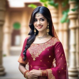 A beautiful Indian girl in traditional attire, standing gracefully with a serene background