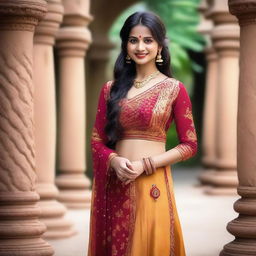 A beautiful Indian girl in traditional attire, standing gracefully with a serene background