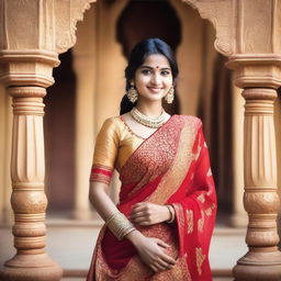 A beautiful Indian girl in traditional attire, standing gracefully with a serene background