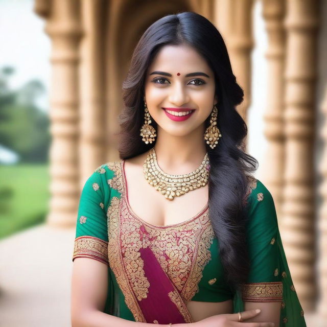 A beautiful Indian girl in traditional attire, standing gracefully with a serene background