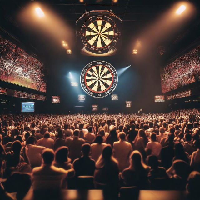 A dynamic and vibrant scene of a darts championship, showcasing professional dart players in action