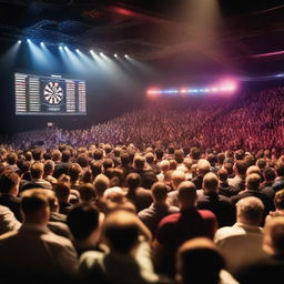 A dynamic and vibrant scene of a darts championship, showcasing professional dart players in action