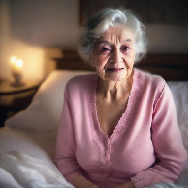 An old lady with light wrinkles on her face, wearing a pink night dress, sitting on a bed