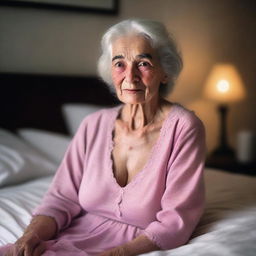 An old lady with light wrinkles on her face, wearing a pink night dress, sitting on a bed