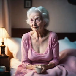 An old lady with light wrinkles on her face, wearing a pink night dress, sitting on a bed