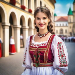 A beautiful Hungarian girl in traditional attire, standing gracefully with a serene background