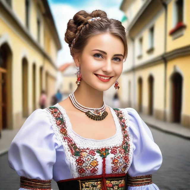 A beautiful Hungarian girl in traditional attire, standing gracefully with a serene background