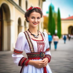 A beautiful Hungarian girl in traditional attire, standing gracefully with a serene background