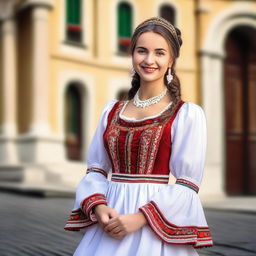 A beautiful Hungarian girl in traditional attire, standing gracefully with a serene background