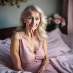 An old, beautiful lady with blonde hair and light wrinkles on her face, wearing a pink night dress