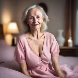 An old, beautiful lady with blonde hair and light wrinkles on her face, wearing a pink night dress