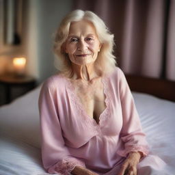 An old, beautiful lady with blonde hair and light wrinkles on her face, wearing a pink night dress