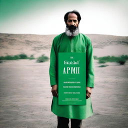 A lonely man wearing a green chadar, standing in a desolate landscape