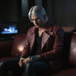 Dante from Devil May Cry, engrossed in playing an action video game. He is intensely focused, sitting on a luxurious leather couch in semi-dark room, illuminated only by the glow of the TV screen.