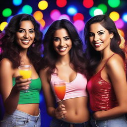 Three attractive Latina women wearing short clothing at a nighttime party, holding drinks in their hands