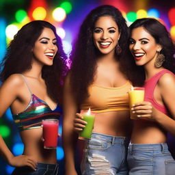 Three attractive Latina women wearing short clothing at a nighttime party, holding drinks in their hands