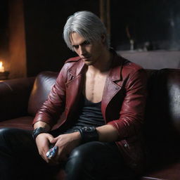 Dante from Devil May Cry, engrossed in playing an action video game. He is intensely focused, sitting on a luxurious leather couch in semi-dark room, illuminated only by the glow of the TV screen.