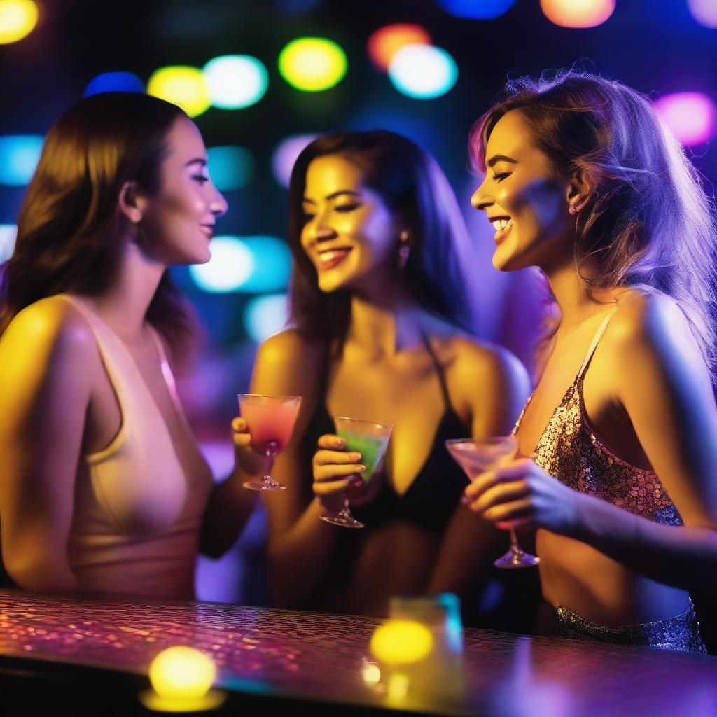 Beautiful and sexy women wearing minimal clothing at a hot nighttime bar, holding drinks and alcohol