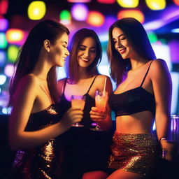 Beautiful and sexy women wearing minimal clothing at a hot nighttime bar, holding drinks and alcohol