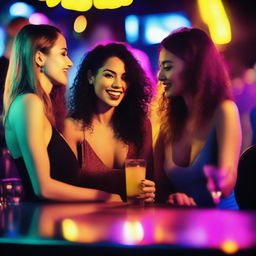 Beautiful and sexy women wearing minimal clothing at a hot nighttime bar, holding drinks and alcohol