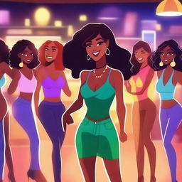 Animated scene of women dancing in a nighttime bar, wearing very sexy clothing and surrounded by lots of alcohol