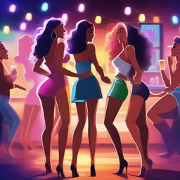 Animated scene of women dancing in a nighttime bar, wearing very sexy clothing and surrounded by lots of alcohol