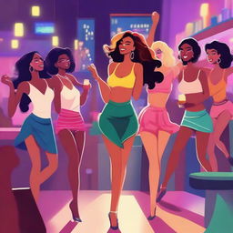 Animated scene of women dancing in a nighttime bar, wearing very sexy clothing and surrounded by lots of alcohol