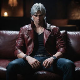 Dante from Devil May Cry, engrossed in playing an action video game. He is intensely focused, sitting on a luxurious leather couch in semi-dark room, illuminated only by the glow of the TV screen.