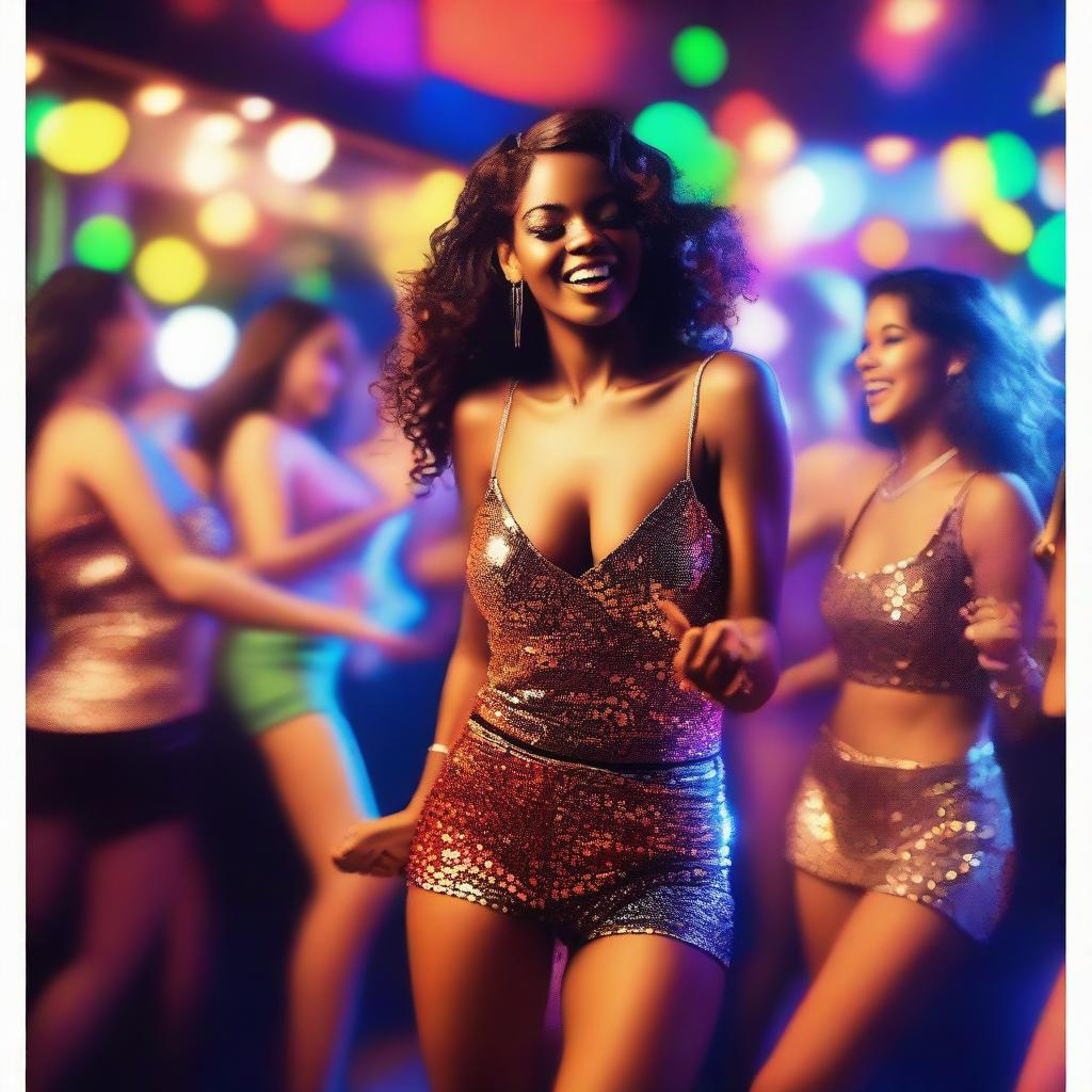 Women dancing in a nighttime bar, wearing very sexy clothing and surrounded by lots of alcohol