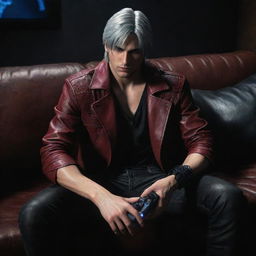 Dante from Devil May Cry, engrossed in playing an action video game. He is intensely focused, sitting on a luxurious leather couch in semi-dark room, illuminated only by the glow of the TV screen.