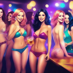 A hot party with several sexy, fair-skinned women who look realistic, wearing short party clothes at a nighttime bar